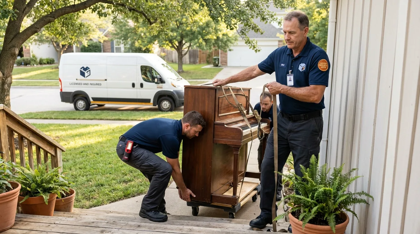 Licensed piano movers securing grand piano in Pineville, WV