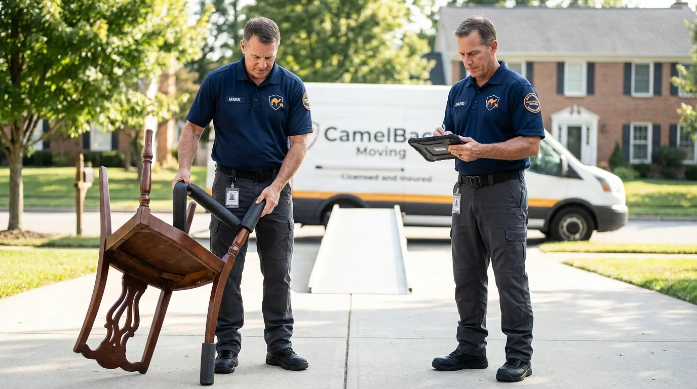 Movers inspecting furniture for damage prevention before loading in Pineville, WV